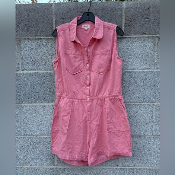 Pact Pants - PACT Chambray Romper Size Small Pink Organic Cotton Elastic Waist Pockets Collar